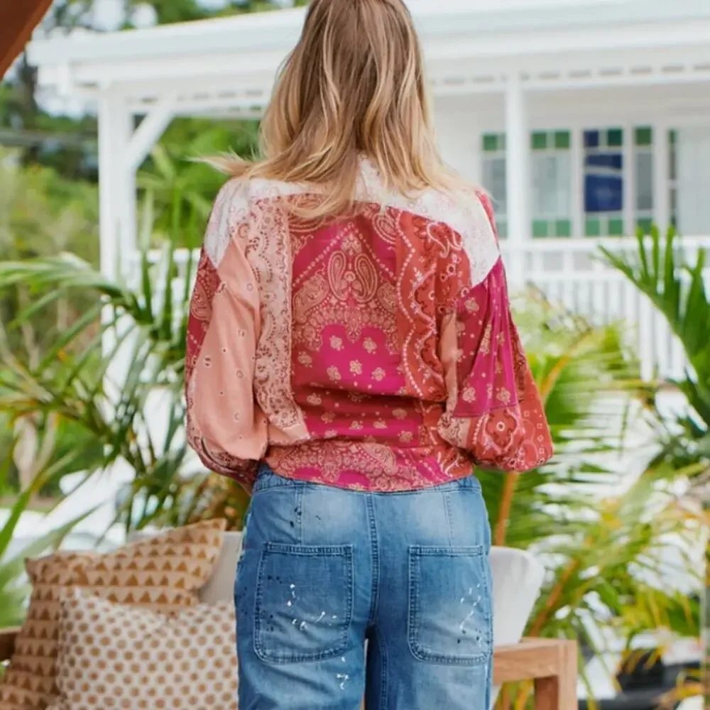 Free People Red and Cream Patchwork Bandana Button-Up Blouse